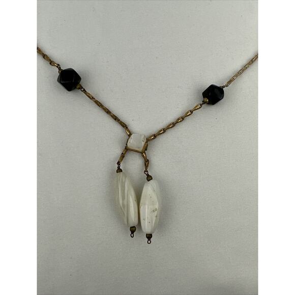 Vintage Semi Precious White Agate Onyx Beaded Brass Chain Lariat Necklace - Picture 5 of 8